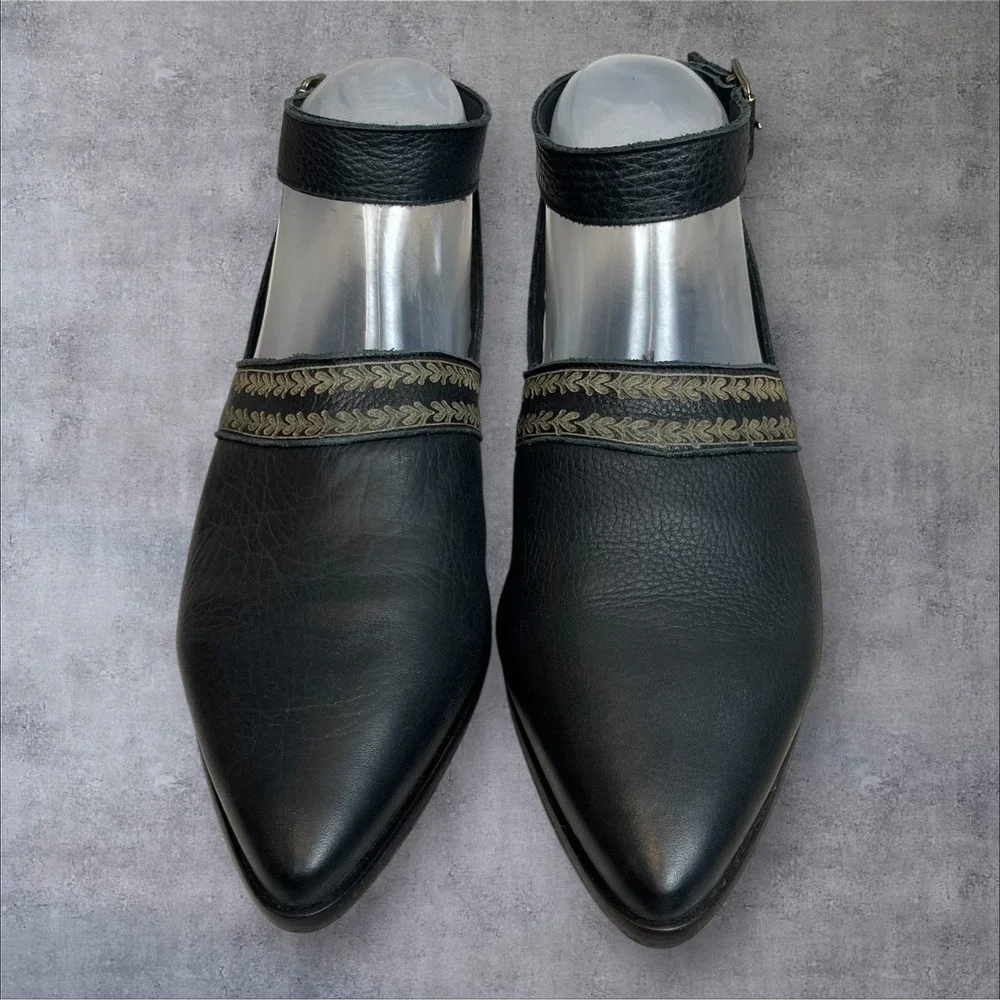 Pilcro Anthropologie Ankle Strap Black Leather Pointed Toe Flats Womens 37‎ US 7